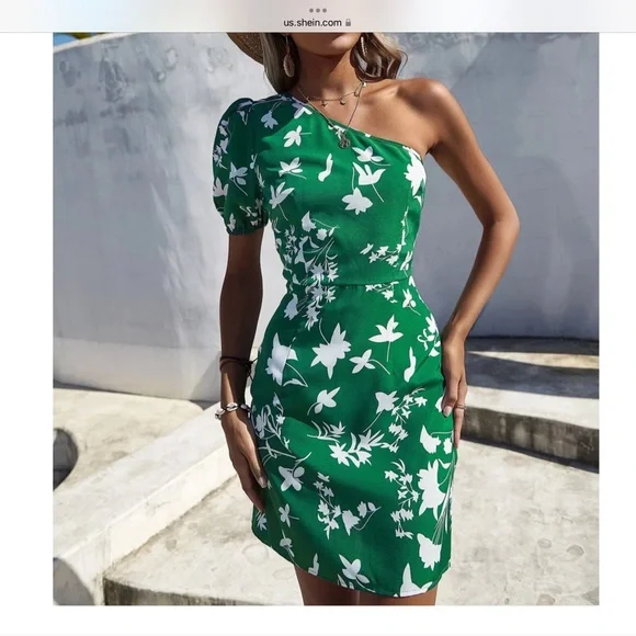 SHEIN | Dresses | Nwt Shein Greenwhite Floral One Shoulder Puff Sleeve Dress  Small | Poshmark